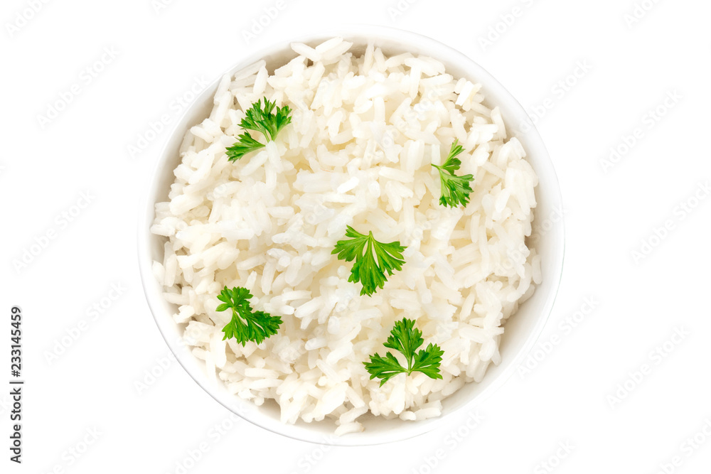 A photo of a bowl of cooked white long rice, isolated on a white background with a clopping path A photo of a bowl of cooked white long rice, isolated on a white background with a clopping path
