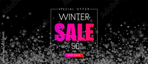Black winter 50% off sale. Promo banner with snow.