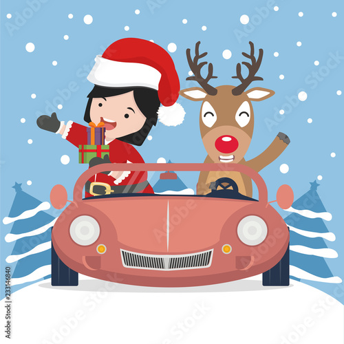 Small Girl in Santa Claus and reindeer with red car