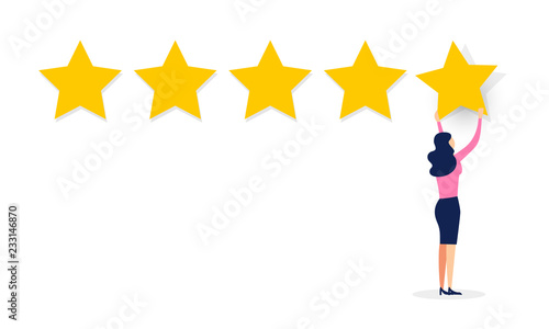 Vector Illustration user experience feedback concept. Cartoon Women Customer giving five star rating. Review scroll on white background.