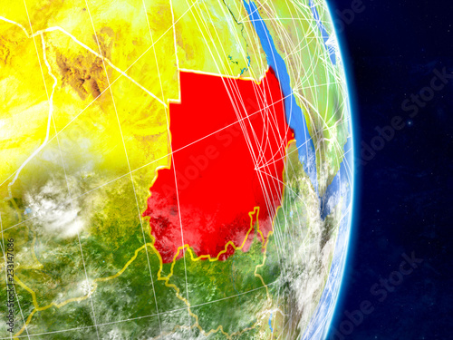 Sudan on planet Earth with networks. Extremely detailed planet surface and clouds.