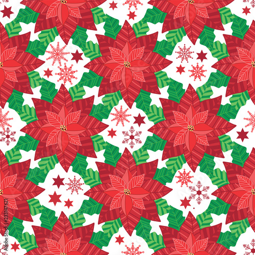 Vector Red Poinsettia with snowflakes and stars seamless pattern background.
