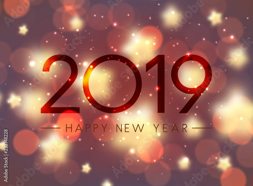 Shiny bokeh Happy New Year 2019 greeting card.