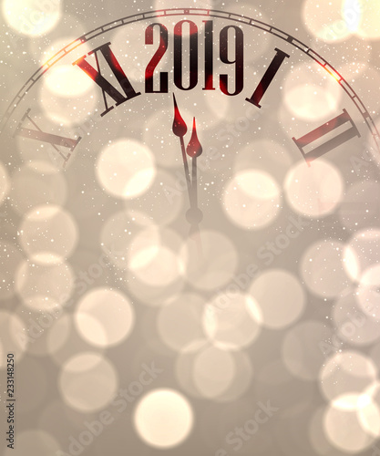 New Year 2019 bokeh background with golden clock.