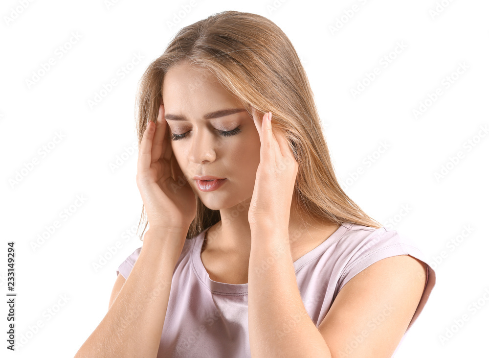 Young woman suffering from headache on white background Young woman suffering from headache on white background