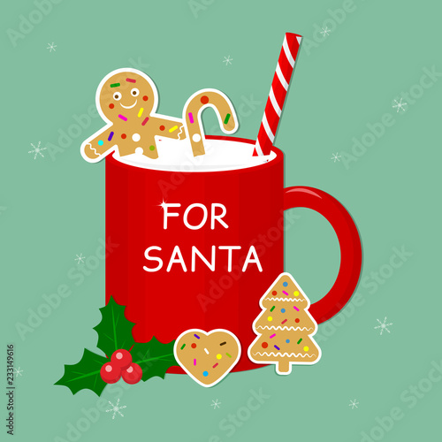 Red cup with milk, ginger biscuits, tubules and holly berries isolated on a snowflakes background. Merry Christmas. A treat for Santa Claus. Vector