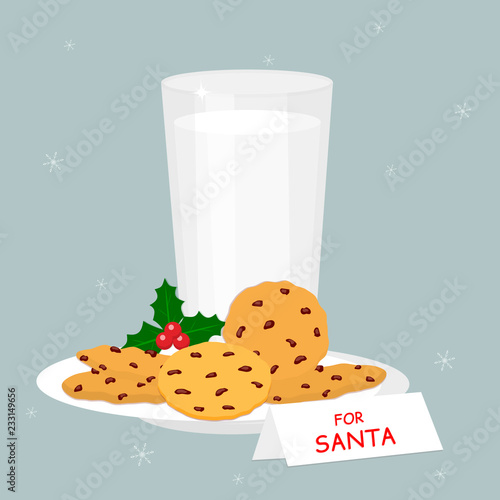 Set of glass of milk and baked oatmeal cookies with chocolate chips, holly berries, isolated on snowflakes background. Note and treat for Santa. Vector flat