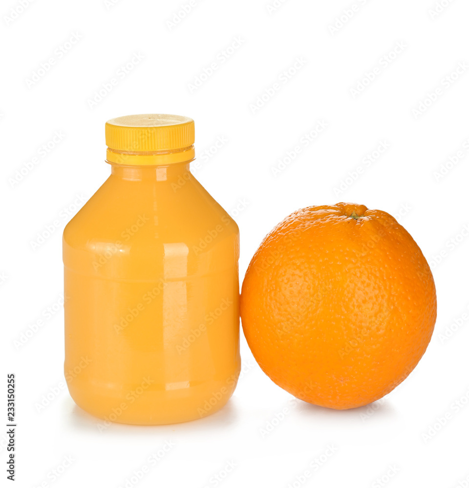 Bottle of juice and fresh orange on white background Bottle of juice and fresh orange on white background