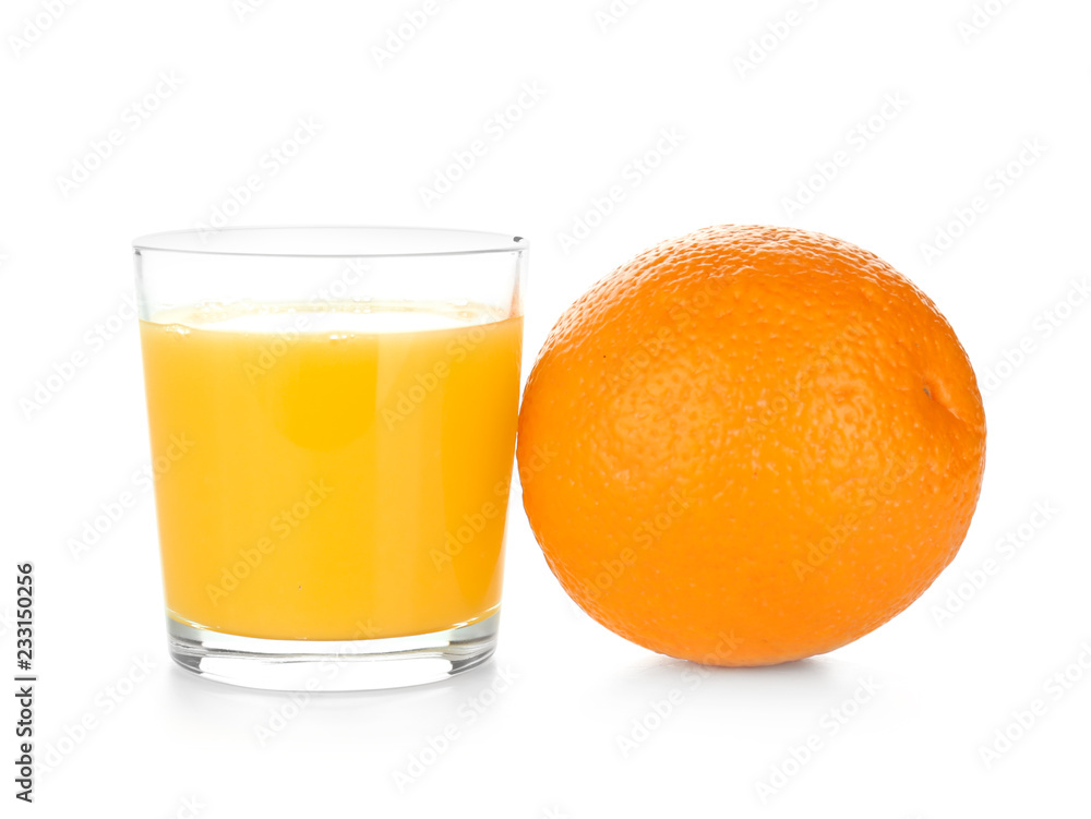 Glass of orange juice and fresh fruit on white background Glass of orange juice and fresh fruit on white background