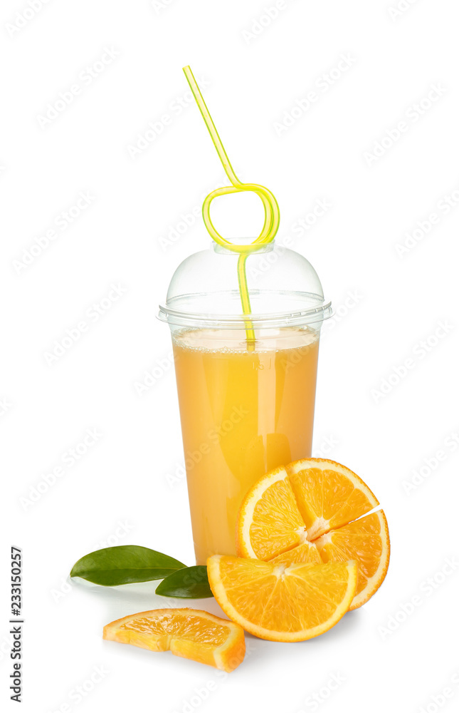 Plastic cup of orange juice and fresh fruit on white background Plastic cup of orange juice and fresh fruit on white background
