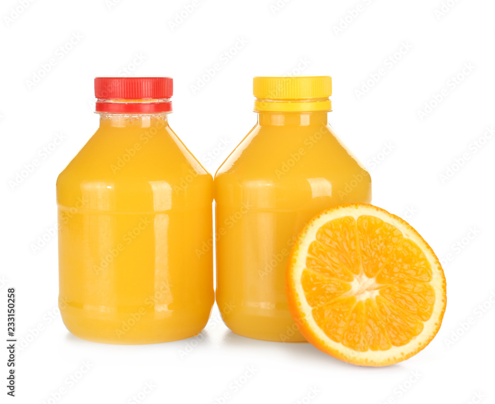 Bottles of juice and fresh orange on white background Bottles of juice and fresh orange on white background