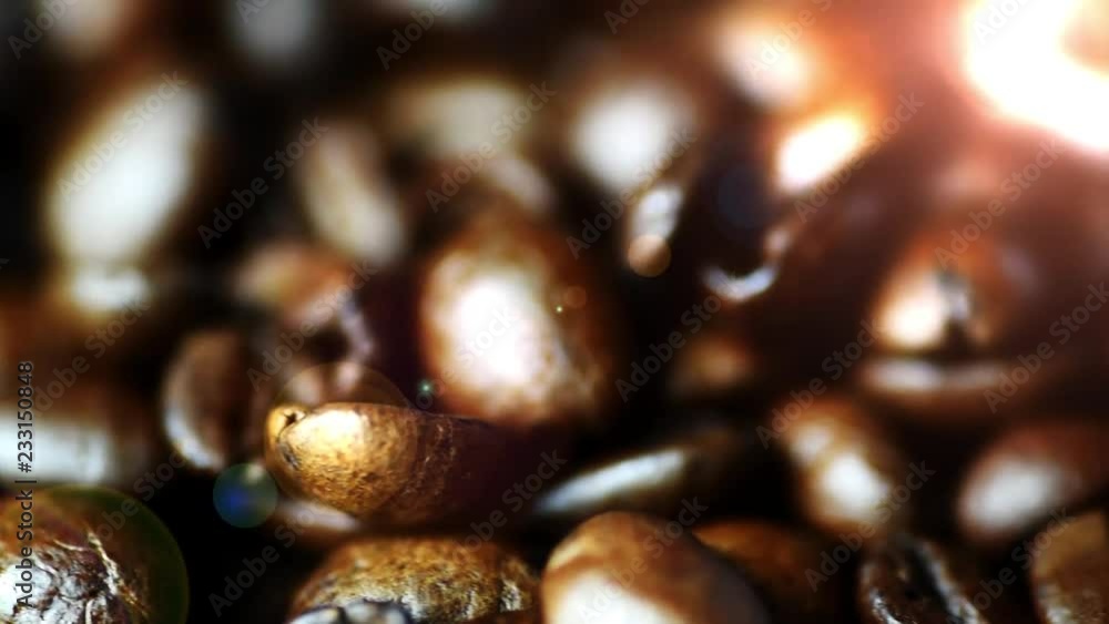 Coffee beans close up with warm bokeh light in the background Coffee beans close up with warm bokeh light in the background