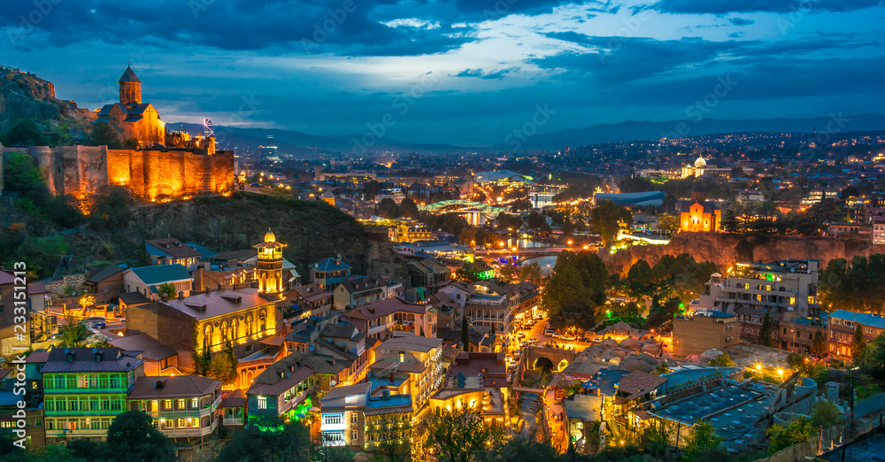 Panoramic view of Tbilisi, Georgia after sunset