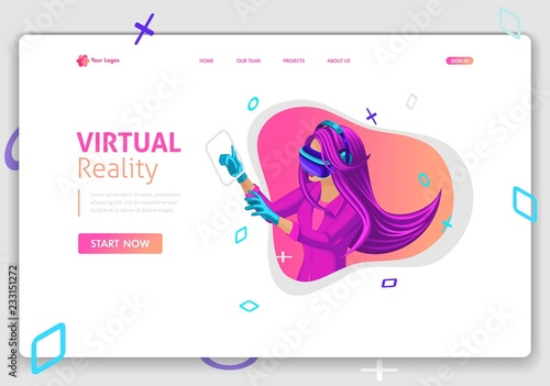 Template Website Isometric Landing page concept VR virtual reality concept girl augmented glasses. Easy to edit and customize photo