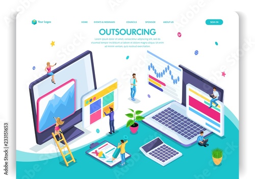 Website template design. Isometric concept Outsourcing. Hiring a remote employee, designer, programmer, copywriter. Easy to edit and customize landing page, ui ux
