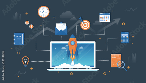 Business project startup, financial planning, idea, strategy, management, realization and success. Rocket launch from laptop screen, business plan, notes, clock, target, money, bulb, calendar Vector