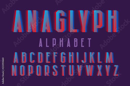 Anaglyph alphabet. Cyan red vibrant font. Isolated english alphabet.