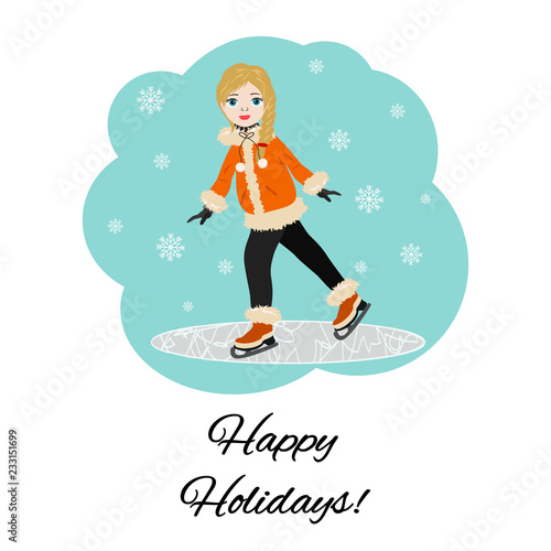 Greeting card "Happy holidays" with cute girl on rink. Flat style of icons for presents, invitation, children room decor, interior design.