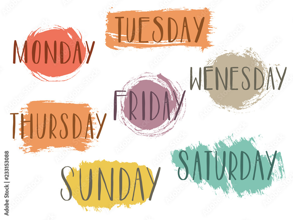 Vetor de Handwritten days of the week monday, tuesday, wednesday, thursday,  friday, saturday, sunday calligraphy.Lettering typography. do Stock