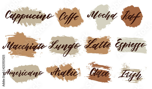 Coffee to go. Coffe types and recipe.Lettering types coffe drinks. Isolated line icons. Handwritten cafe menu.