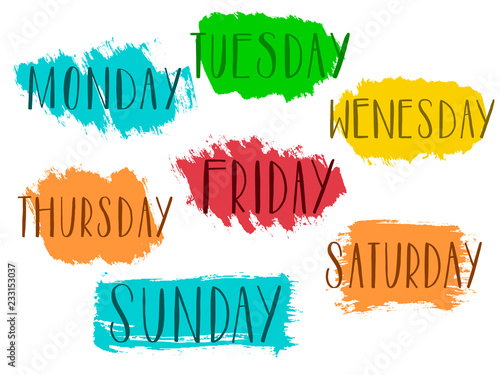 Handwritten days of the week monday, tuesday, wednesday, thursday, friday, saturday, sunday calligraphy.Lettering typography.