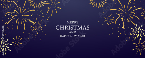 festival fireworks banner Merry Christmas and Happy New Year background.