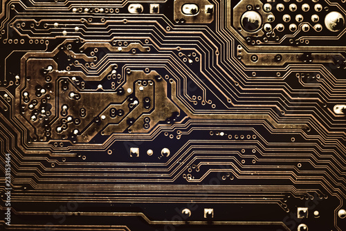 Golden circuit board. Electronic computer hardware technology. Motherboard digital chip. Tech science background. Integrated communication processor. Information engineering component.