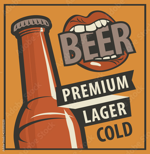 Vector banner with words Beer, premium, lager, cold. Flat illustration in retro style with bottle of beer and a mouth biting on the word Beer.