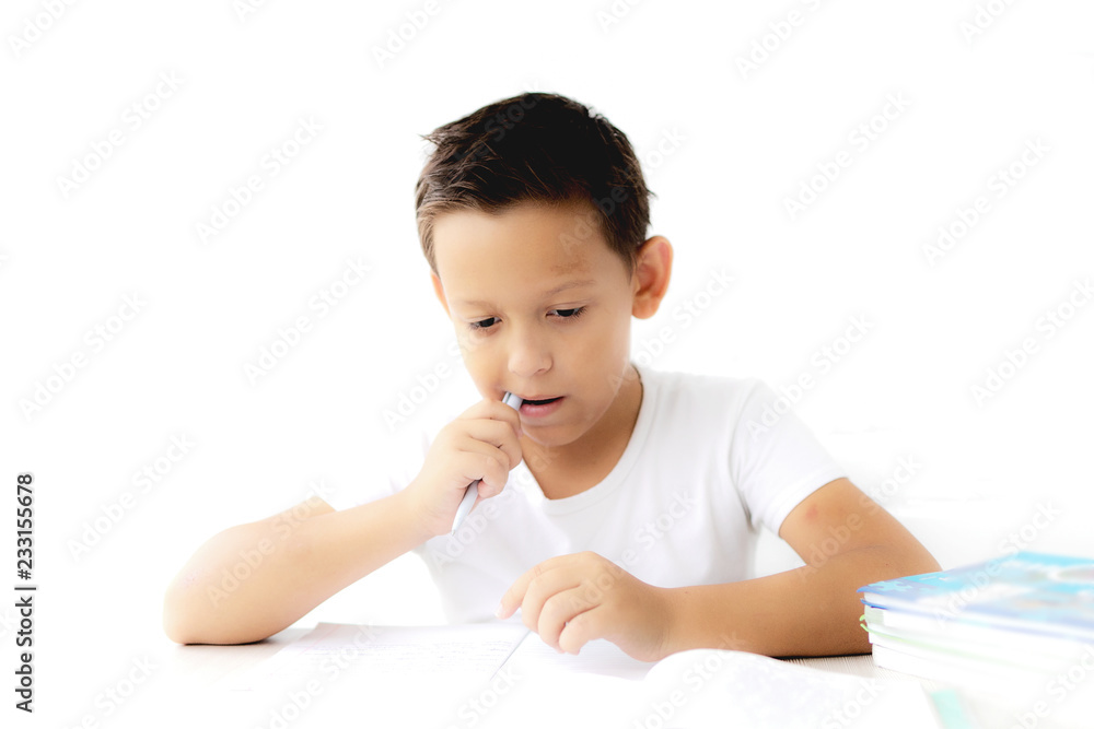 boy schoolboy teaches lessons writing in notebook and reading books nibbling pen on white isolated background boy schoolboy teaches lessons writing in notebook and reading books nibbling pen on white isolated background