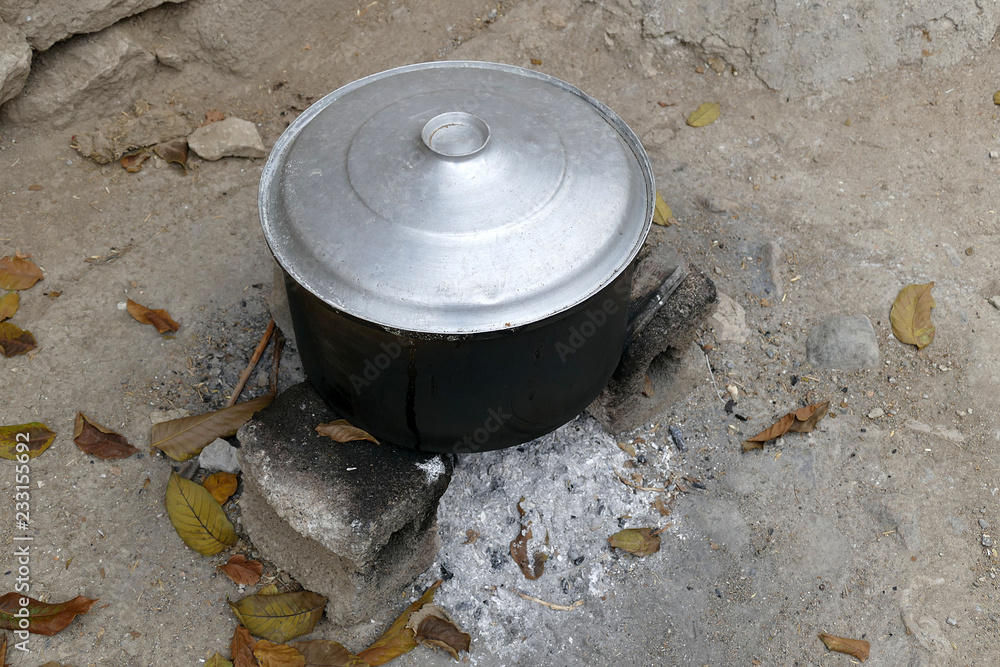 big pots on the barbecue in the village, big pots on the barbecue in the village,