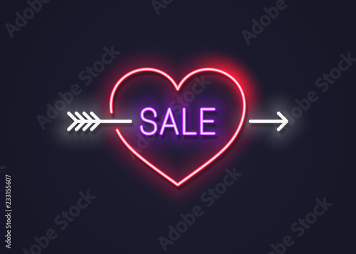 Valentines day sale neon sign. Heart with arrow sale neon banner