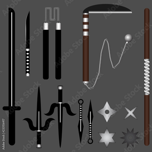 Ninja Weapon Set for Your Design, Game, Card. Katana, Sai, Kusarigama, Nunchucks, Kunai, Stick, Shuriken. Traditional Japanese Weapon.