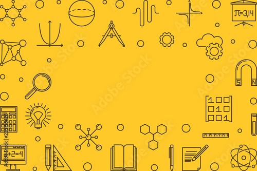 Science, technology, engineering and math yellow horizontal frame. Vector STEM concept illustration or background in outline style