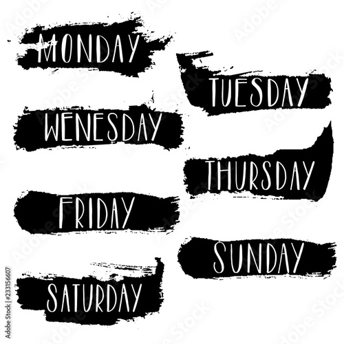 Handwritten days of the week monday, tuesday, wednesday, thursday, friday, saturday, sunday.Calligraph Lettering typography.