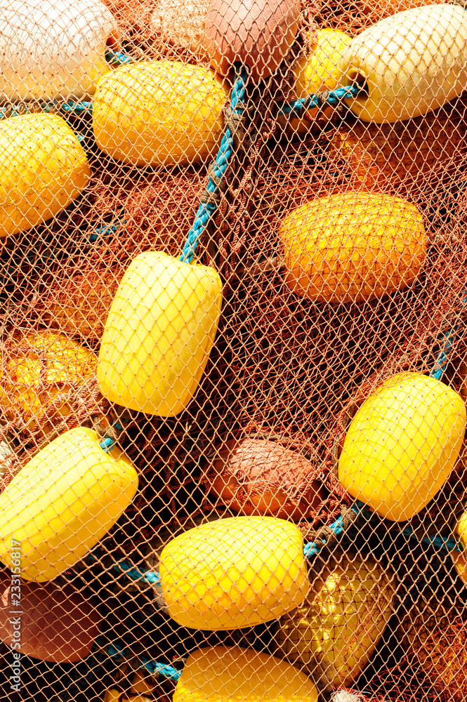 Fototapeta premium Fish nets background. Close up of fishnets in the port.