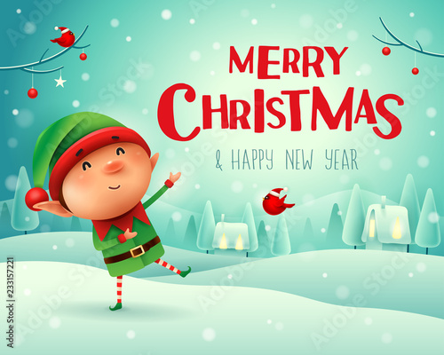Merry Christmas! Little elf greets in Christmas snow scene winter landscape.