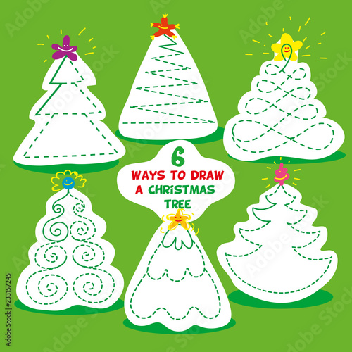 children games. six different ways to draw Christmas tree. Use pencil and draw each Christmas tree in specified way. Exercises for developing drawing skills for children. Vector isolated illustration