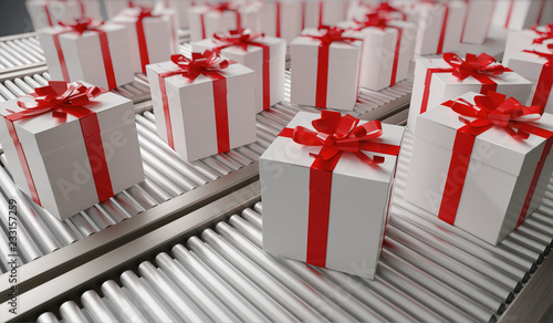 Christmas gifts shipping. Many gifts on conveyor. 3D rendered il photo