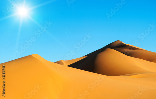 Moroccan desert landscape with blue sky. Sahara Desert. Morocco  Africa