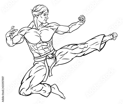 A karate or kung fu martial artist delivering a flying kick wearing gi trousers and belt in outline