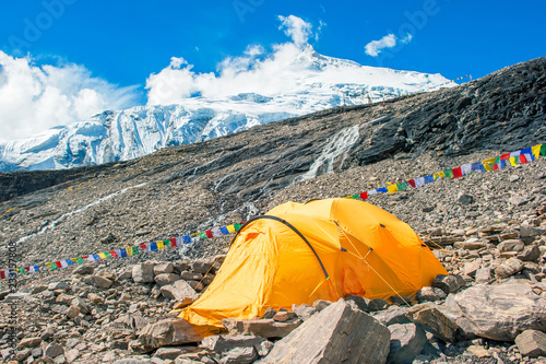 Tent in the Everest base camp. Mountain peak Everest. Highest mountain in the world. National Park  Nepal.