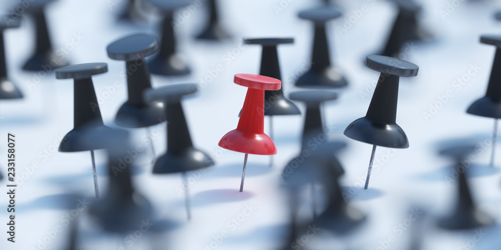 Difference concept. Red pushpin or thumbtack and many black ones Difference concept. Red pushpin or thumbtack and many black ones