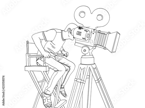 Stage director on set pop art retro vector. children coloring, black lines. videographer and camera on the legs