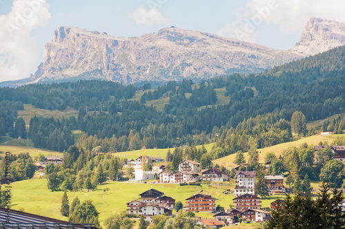 panoramic view of the dolomite mountains. Mountain village Cortina di Ampezzo. © makam1969