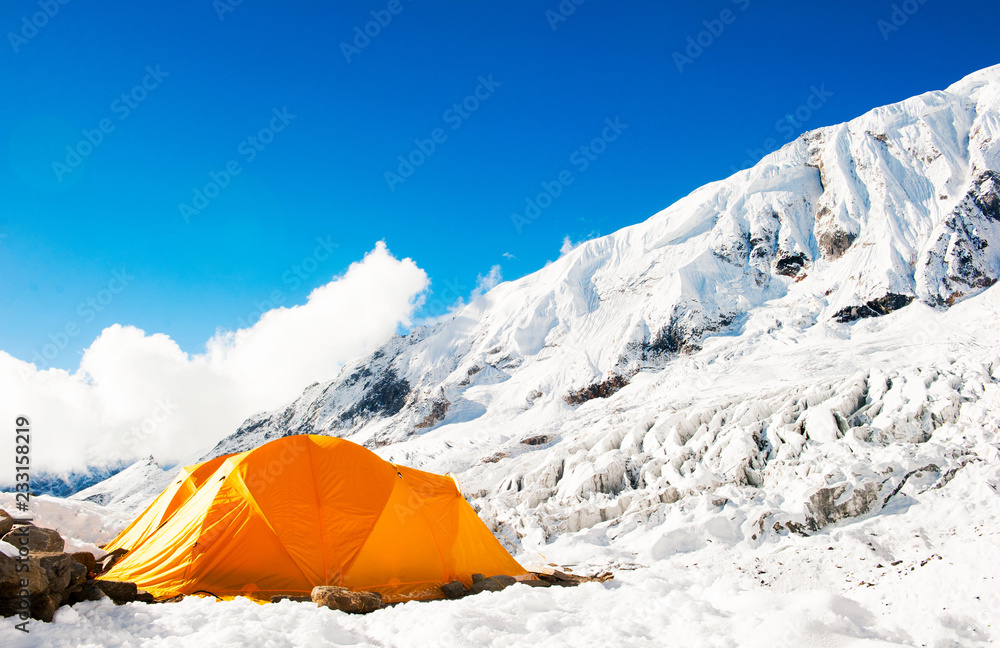 Tent in the Everest base camp. Mountain peak Everest. Highest mountain in the world. National Park, Nepal.