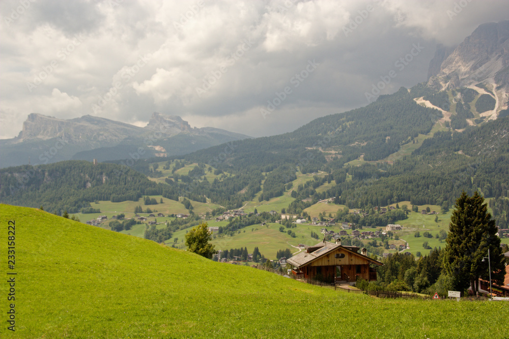 panoramic view of the dolomite mountains. Mountain village Cortina di Ampezzo.