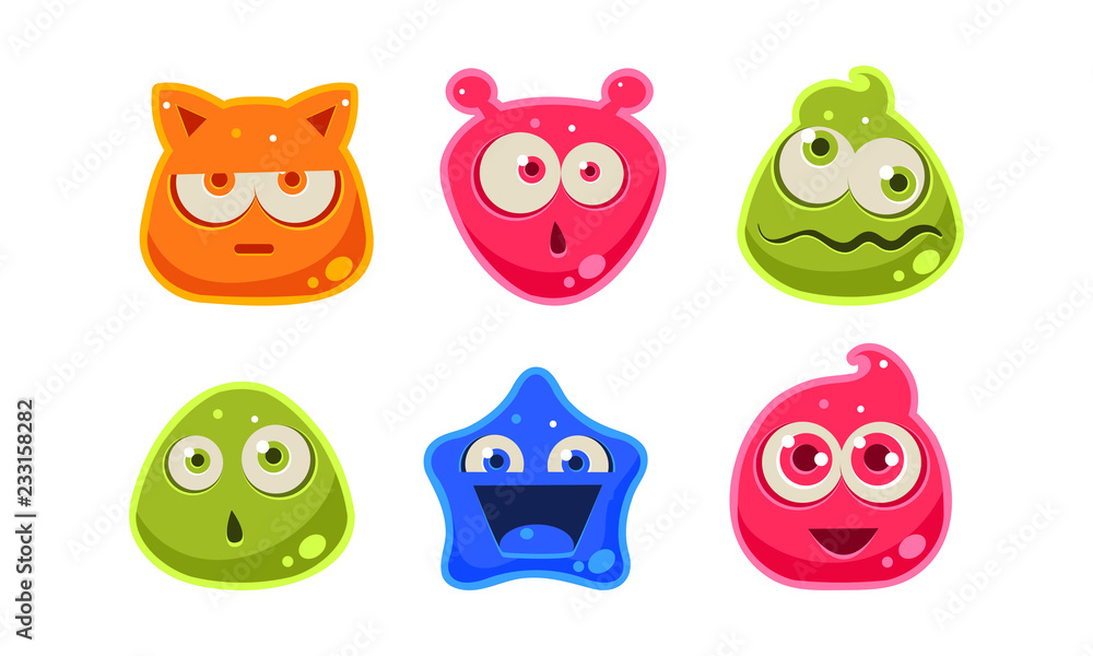 Cute funny colorful jelly characters set, user interface assets for mobile apps or video games vector Illustration on a white background Cute funny colorful jelly characters set, user interface assets for mobile apps or video games vector Illustration on a white background