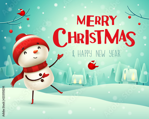Merry Christmas! Cheerful snowman greets in Christmas snow scene winter landscape.