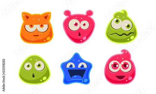 Cute funny colorful jelly characters set, user interface assets for mobile apps or video games vector Illustration on a white background