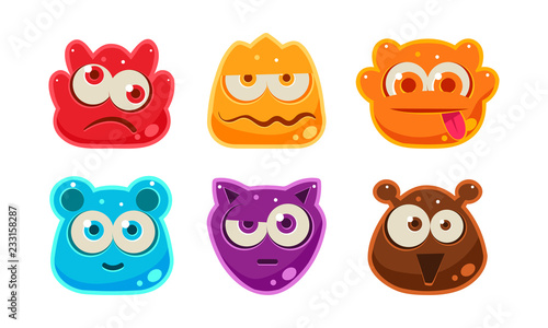 Cute funny colorful jelly animal faces set, user interface assets for mobile apps or video games vector Illustration on a white background